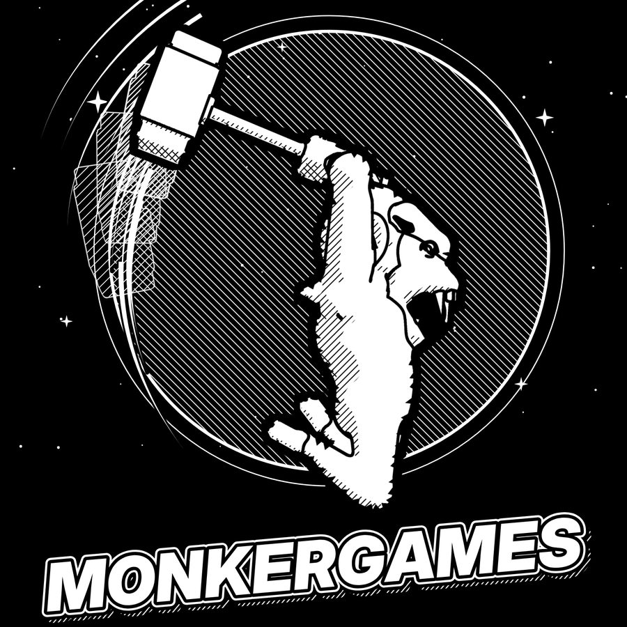 MonkerGames logo: a monkey swinging a hammer